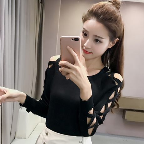 2018新款韩版修身薄款冰丝针织衫女装时尚上衣镂空春秋打底衫毛衣商品大图
