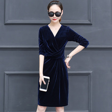 金丝绒连衣裙2018春秋胖mm大码女装V领打底裙修身包臀一步裙女春图片