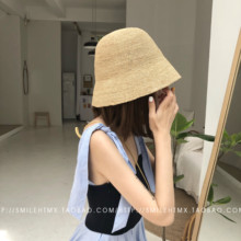 可折叠沙滩帽出游 手工编织拉菲草乞丐帽灯罩帽百搭防晒草帽韩版
