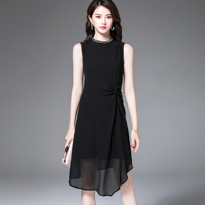 裙子女夏2018新款欧美高端时尚钉珠显瘦气质不规则黑色雪纺连衣裙