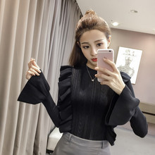 秋季新款女装韩版时尚荷叶边喇叭袖打底针织衫上衣女长袖套头毛衣图片