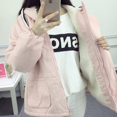 少女冬季新款原宿风加厚棉衣外套中学生羊羔毛连帽糖果色宽松棉服