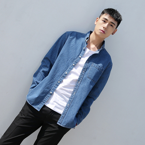 休闲蓝色衬衣男士牛仔衬衣