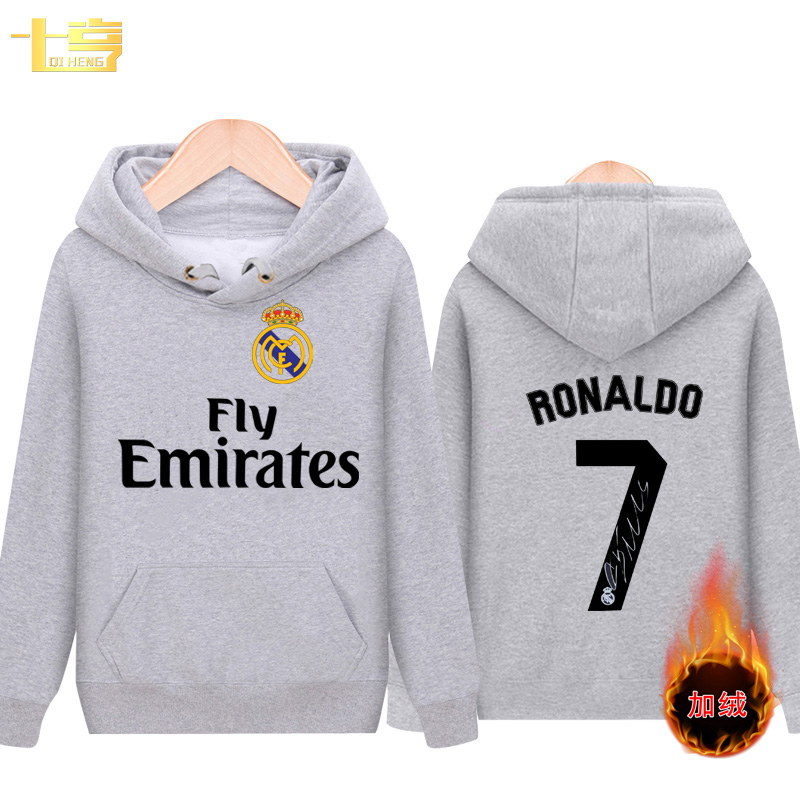 Qiheng plush hooded football Real Madrid Barcelona Champions League jersey Ronaldo Messi team jersey men's and women's long sleeved sweaters