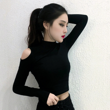长袖 秋冬漏肚脐内搭露肩半高领打底衫 黑色紧身露脐上衣女2018新款