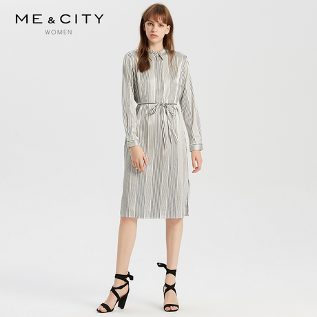 真丝MECITY女装秋季撞色chic条纹长袖连衣裙商品大图