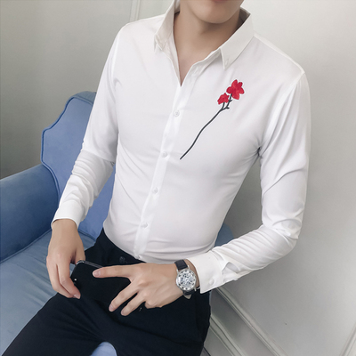 个性玫瑰花刺绣衬衫男士长袖秋季新款韩版修身青年潮流发型师衬衣