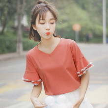 帛卡琪2018新款夏装短袖清新纯色荷叶边花瓣袖T恤女生V领上衣女潮