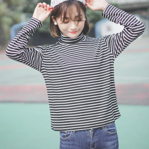 百搭条纹针织打底衫学生高领长袖T恤女