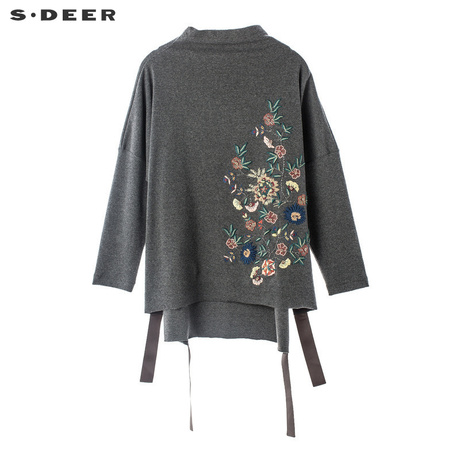 sdeer圣迪奥优雅花朵刺绣装饰开衩飘带设计半高领针织衫S18380233商品大图