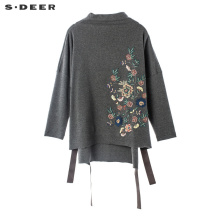 sdeer圣迪奥优雅花朵刺绣装饰开衩飘带设计半高领针织衫S18380233图片