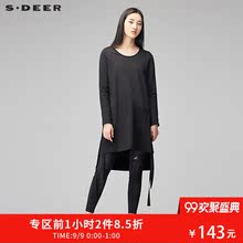 sdeer圣迪奥女酷黑开衩底摆飘带装饰套头圆领长款针织衫S17460241图片