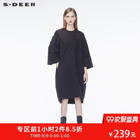 sdeer 圣迪奥 女装 优雅哥特立体绣花圆领套头长裙S17381288商品大图