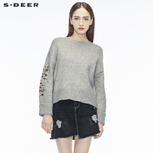 sdeer圣迪奥灰调花朵刺绣图案装饰个性卷边袖口针织衫S18483588图片