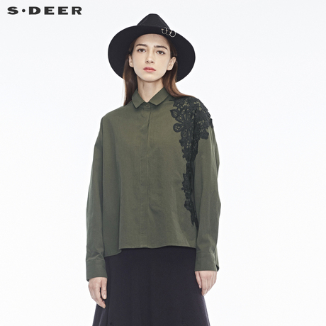 sdeer圣迪奥休闲简约复古绿调优雅镂空绣花装饰翻领上衣S18480574商品大图