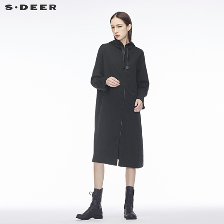sdeer圣迪奥女纯黑简约个性口袋装饰抽绳连帽休闲长外套S18381848商品大图