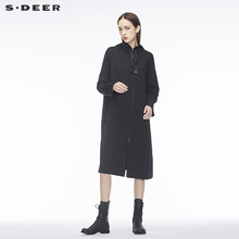sdeer圣迪奥女纯黑简约个性口袋装饰抽绳连帽休闲长外套S18381848图片