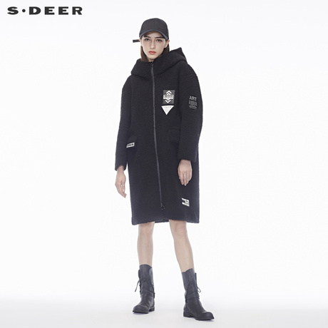 sdeer圣迪奥撞色字母布贴装饰绒毛质感高领连帽长外套S18481825商品大图