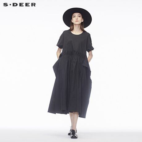 sdeer圣迪奥2018秋装圆领荷叶高腰大摆假两件连衣裙女S18181202商品大图