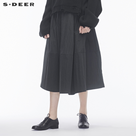 sdeer圣迪奥女装花苞收褶造型腰口撞色英文装饰时尚长裙S18481188商品大图