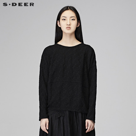 sdeer圣迪奥2018冬装复古朴素抽象凸绣圆领落肩长袖T恤S17480228商品大图