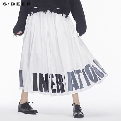 sdeer圣迪奥纯白简约撞色英文字母装饰碎褶造型时尚长裙S18481193商品大图