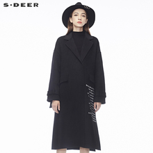sdeer圣迪奥2018冬装新款撞色字母开衩羊毛双面呢大衣女S18481823图片