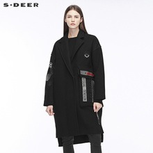 sdeer圣迪奥英文布贴装饰前短后长开衩下摆平驳领大衣S18481885图片