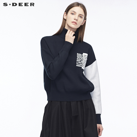 sdeer圣迪奥女装拼接英文字母印胶装饰落肩袖高领针织衫S18463594商品大图