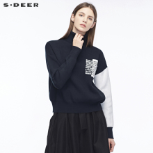 sdeer圣迪奥女装拼接英文字母印胶装饰落肩袖高领针织衫S18463594图片