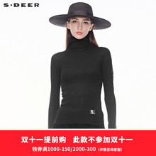 sdeer圣迪奥2018秋冬新款纯黑简约图标点缀高领针织衫女S18483544图片