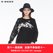 sdeer圣迪奥纯黑酷感撞色印胶图案装饰前短后长针织衫S18483519图片