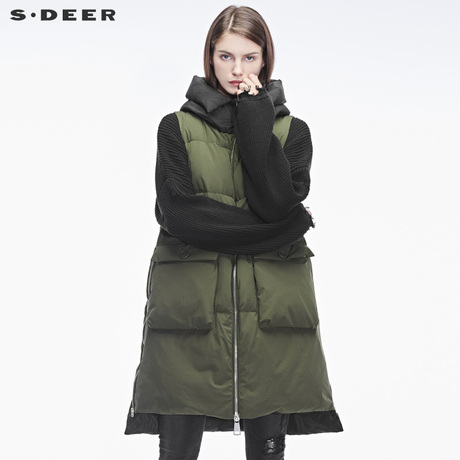 sdeer 圣迪奥金属拉链创意贴袋造型高领连帽羽绒背心S18481620商品大图