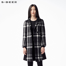 sdeer圣迪奥女装2018冬装复古英伦格纹翻领搭扣毛呢大衣S16481897图片