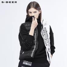 sdeer圣迪奥女装个性面料拼接撞色飘带连帽羽绒背心S18481630图片