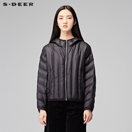 sdeer圣迪奥2018冬装纯色休闲连帽条纹亮面短款羽绒服女S17482444商品大图