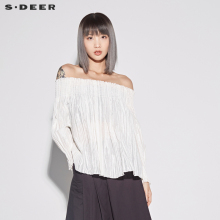 sdeer圣迪奥2018新款素雅白松紧一字肩细褶装饰女式上衣S18280408图片
