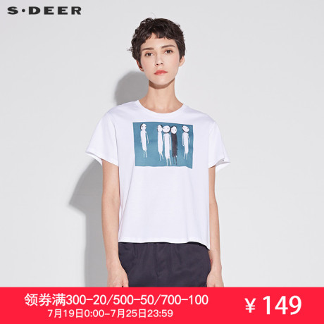 sdeer圣迪奥2018夏装新款圆领撞色抽象绿色印花短袖T恤S18260180商品大图