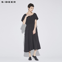 sdeer圣迪奥垂坠纯黑圆领松紧束腰贴袋系绳短袖连衣裙S18281298图片