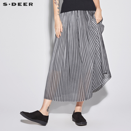 sdeer圣迪奥2018新款女夏装松紧腰身撞色褶裥大摆半身裙S18281128商品大图