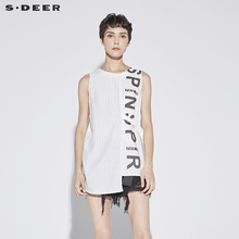 sdeer圣迪奥2018酷感中性撞色字母不规则摆无袖拼接衬衫S18280610图片