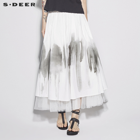 sdeer圣迪奥2018新款愫白水墨晕染双层百褶长裙S18281138商品大图