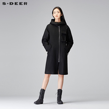 sdeer圣迪奥2017冬新品简约防风连帽刺绣中长款毛呢大衣S17481893图片