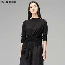 sdeer圣迪奥2018春装女设计感褶裥装饰套头圆领长袖T恤S18180222图片