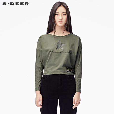 sdeer圣迪奥秋装休闲纯色圆领五角星印胶长袖打底T恤女S17380296商品大图