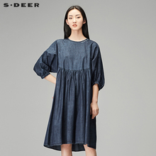 sdeer圣迪奥2018秋装套头圆领高腰宽松中袖牛仔连衣裙女S18181216图片