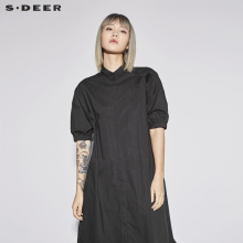 sdeer圣迪奥2018新款女夏装翻领抽绳长款开衩衬衫连衣裙S18281246图片