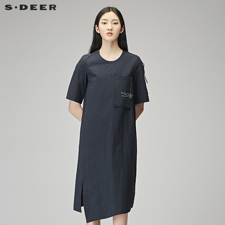 sdeer 圣迪奥2018秋装休闲套头圆领字母开叉中袖连衣裙S18181215商品大图