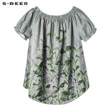 sdeer圣迪奥文艺甜美圆领松紧抽褶植物印花短袖T恤S18280437图片