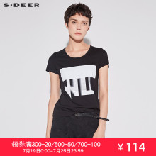 sdeer圣迪奥女2018夏装潮建筑胶印印花短袖黑色圆领T恤S17280131图片